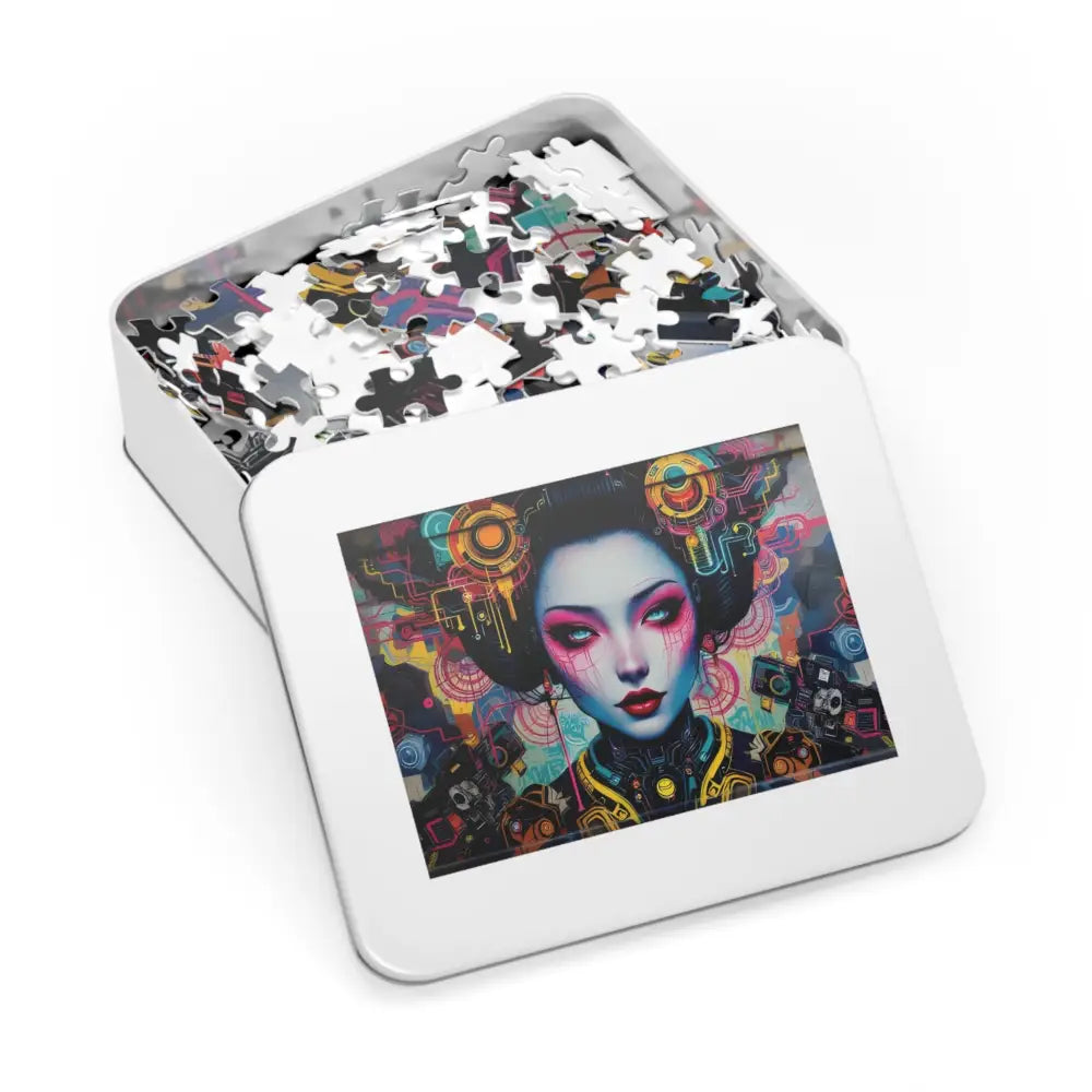 Colorful Geisha design jigsaw puzzle in a metal box from PixiOnyx Art-Fusion Urban Brain Teaser