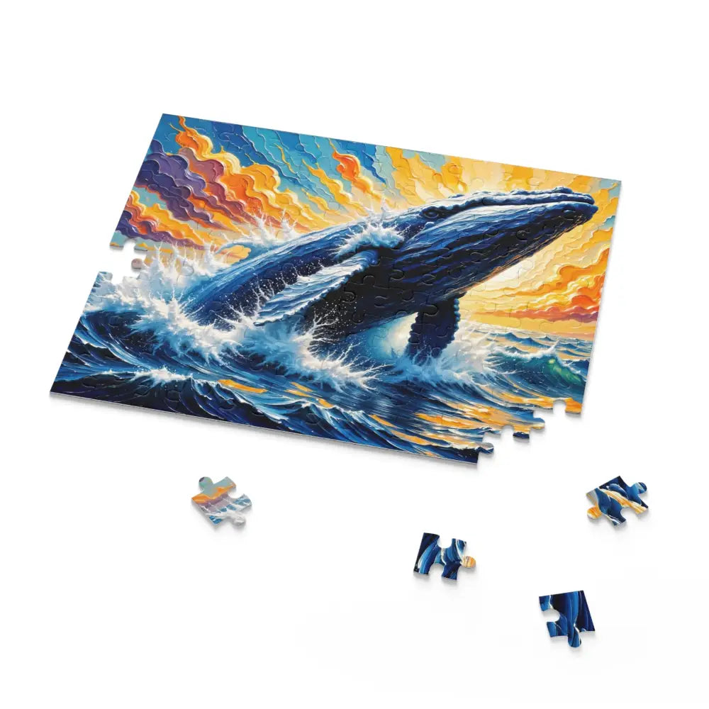 Partially assembled Ocean King jigsaw puzzle showing a marine marvel bursting in a vibrant ocean sunset