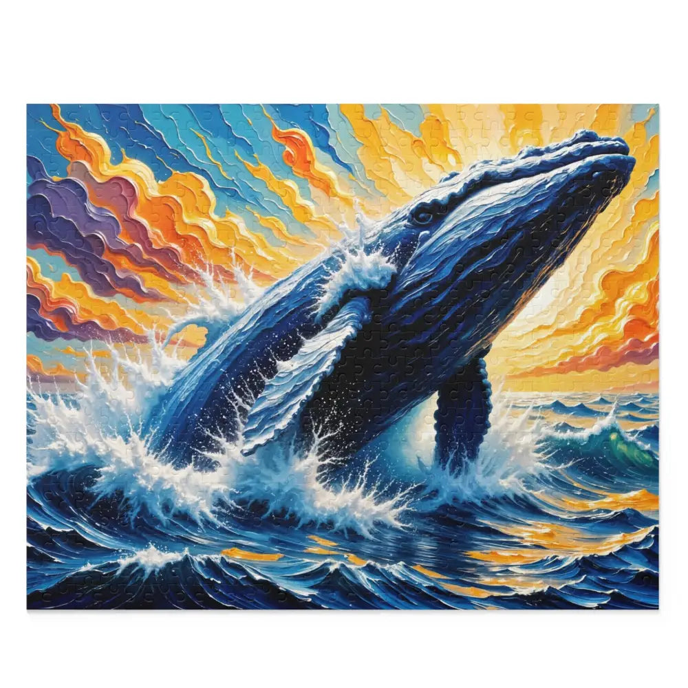 Vibrant textured painting of a blue whale breaching Ocean King cosmic marine marvel bursting