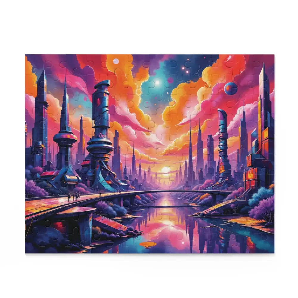 Jigsaw puzzle of a futuristic city with vibrant sunset and reflective river for surreal sci-fi realm visual escape