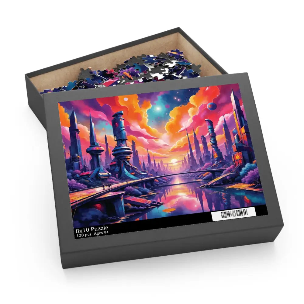 Futuristic cityscape jigsaw puzzle in open box, perfect for surreal sci-fi realm and vivid visual escape