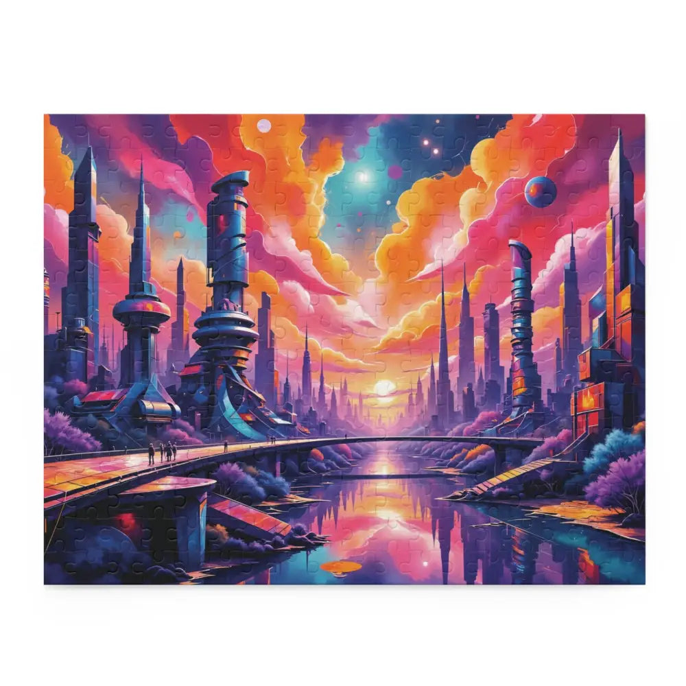 Futuristic cityscape puzzle with vivid sunset, perfect for surreal sci-fi realm visual escape