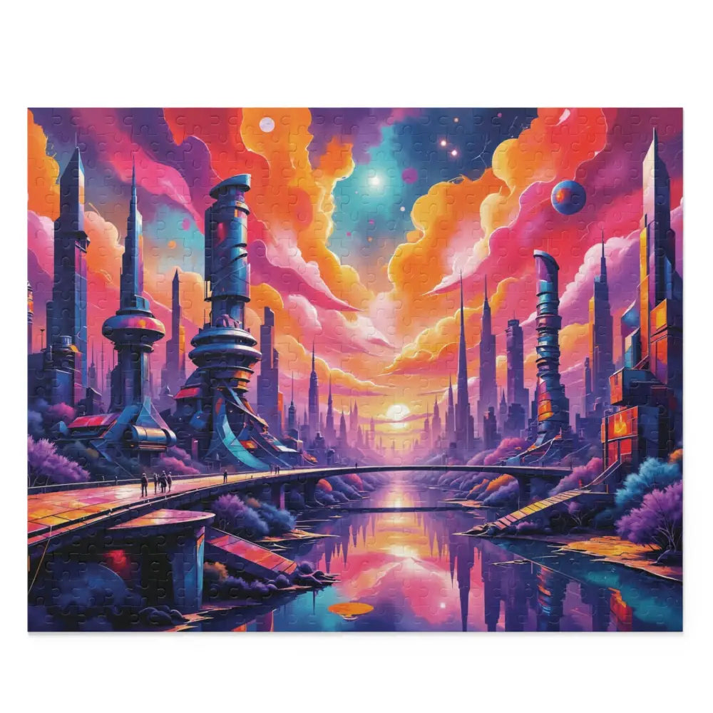 Vibrant futuristic cityscape puzzle with sunset and river, perfect for surreal sci-fi realm fans