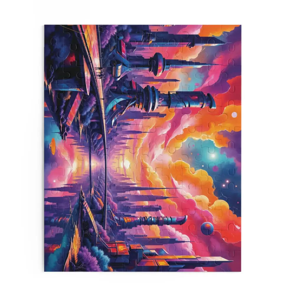Vibrant futuristic cityscape puzzle with colorful sky, perfect for surreal sci-fi realm visual escape
