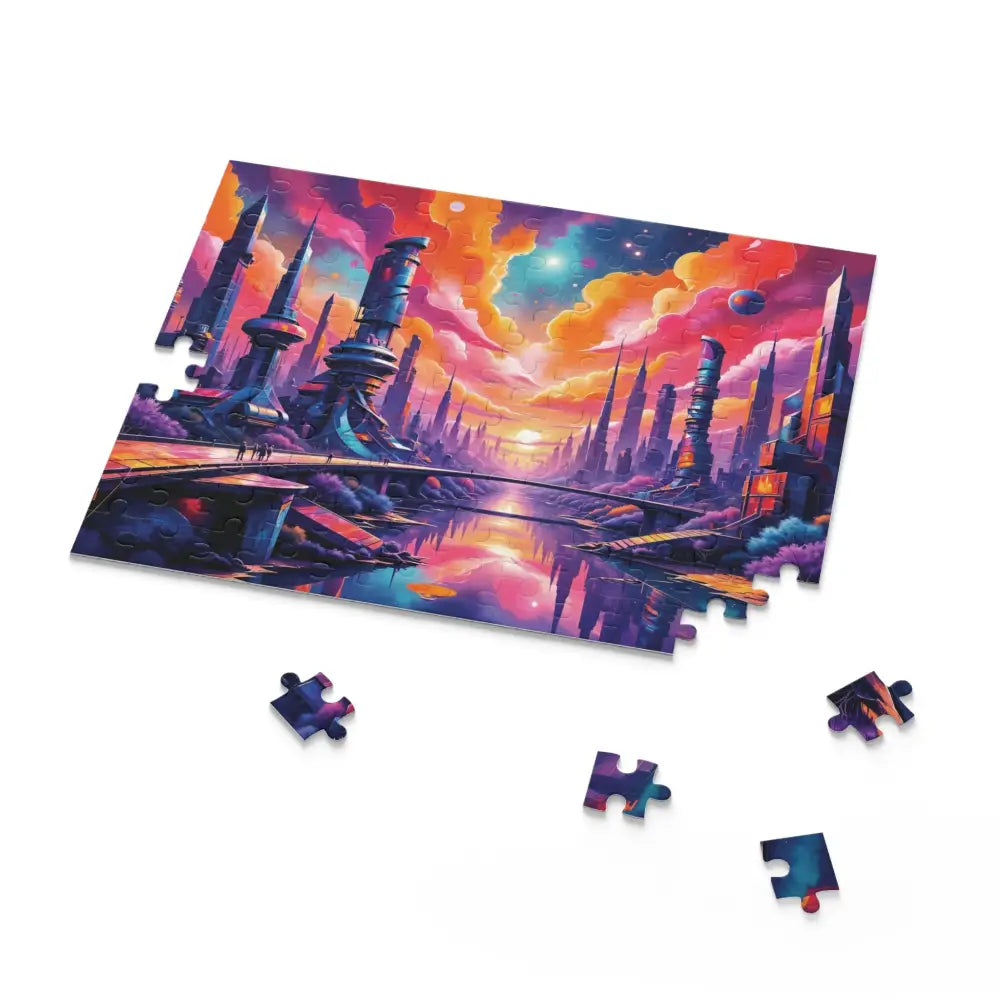 Vibrant futuristic cityscape jigsaw puzzle with loose pieces, perfect for surreal sci-fi realm escape