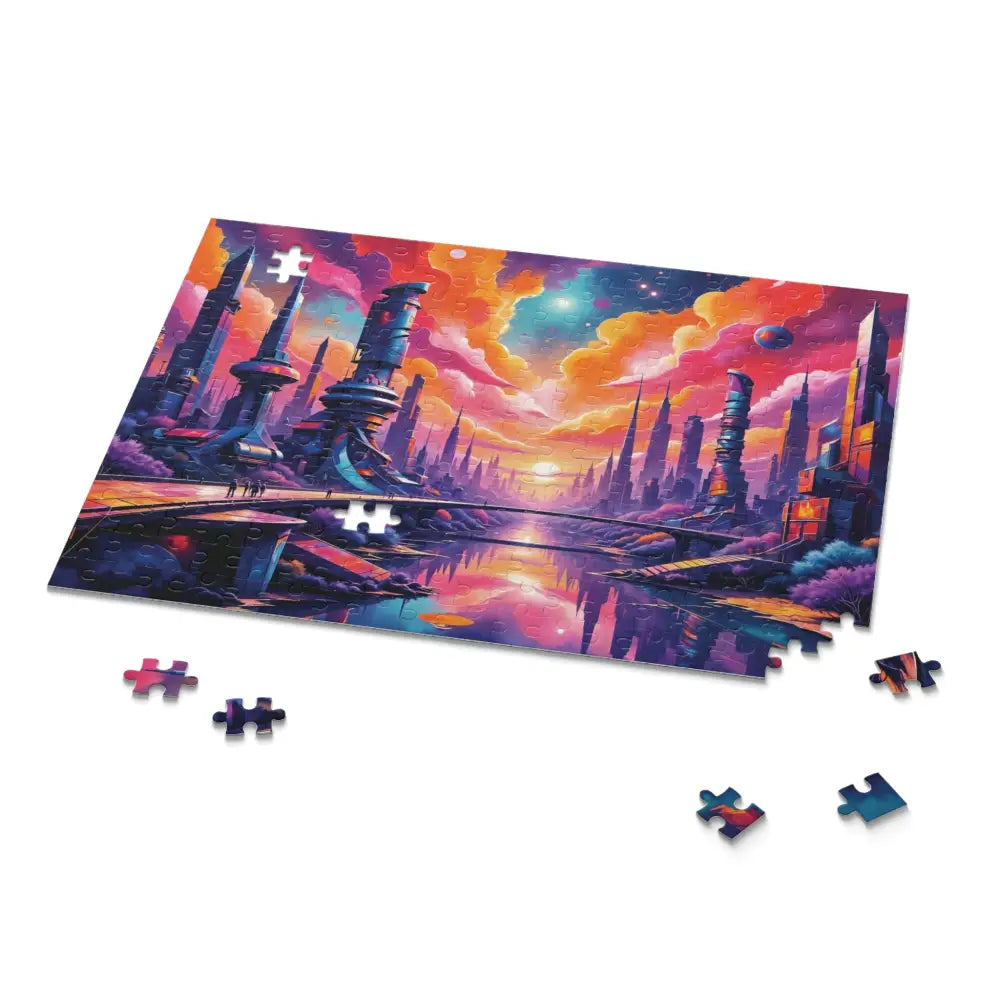 Colorful futuristic cityscape jigsaw puzzle with missing pieces, perfect for surreal sci-fi realm and vivid visual escape