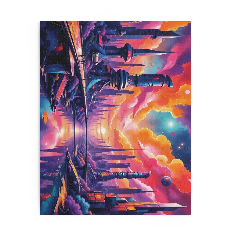 Surreal sci-fi realm jigsaw puzzle showcasing a vibrant cityscape under colorful skies