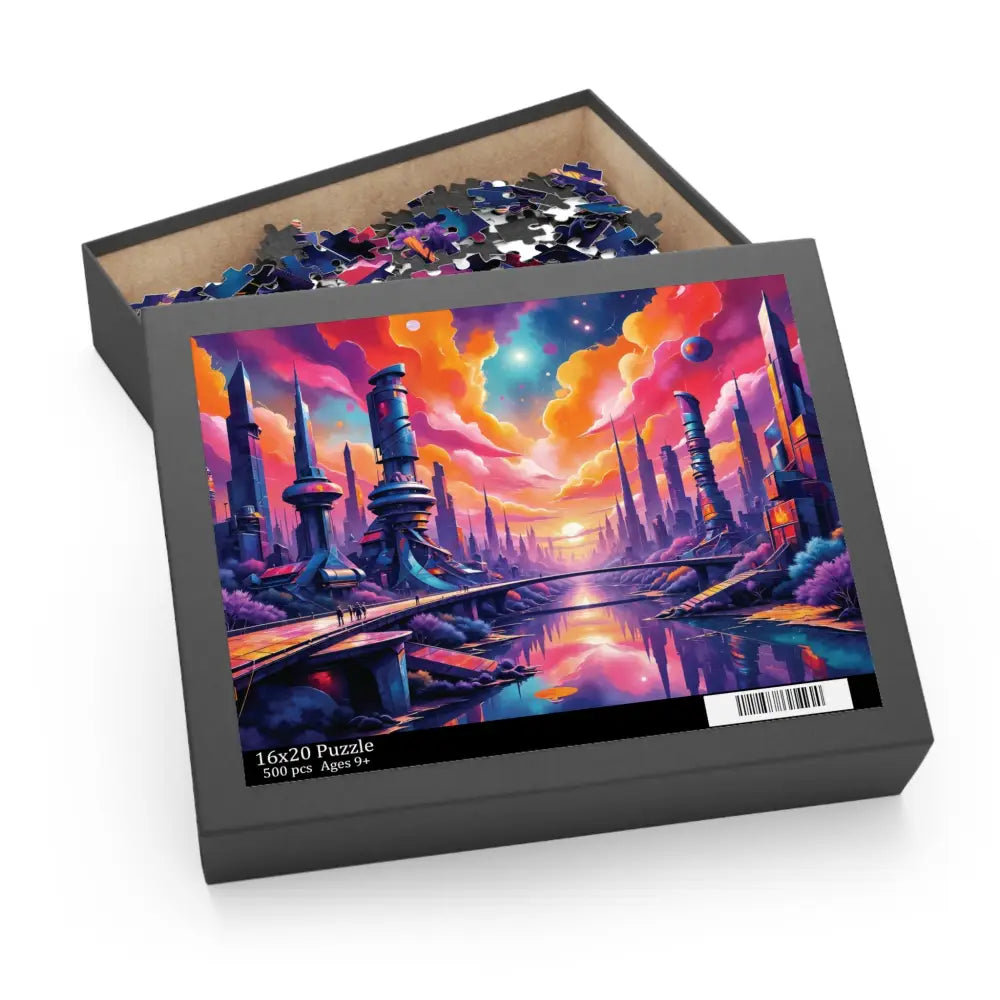 Open box of Jigsaw Puzzle Symphony of Tomorrow with vibrant futuristic city scene for vivid visual escape