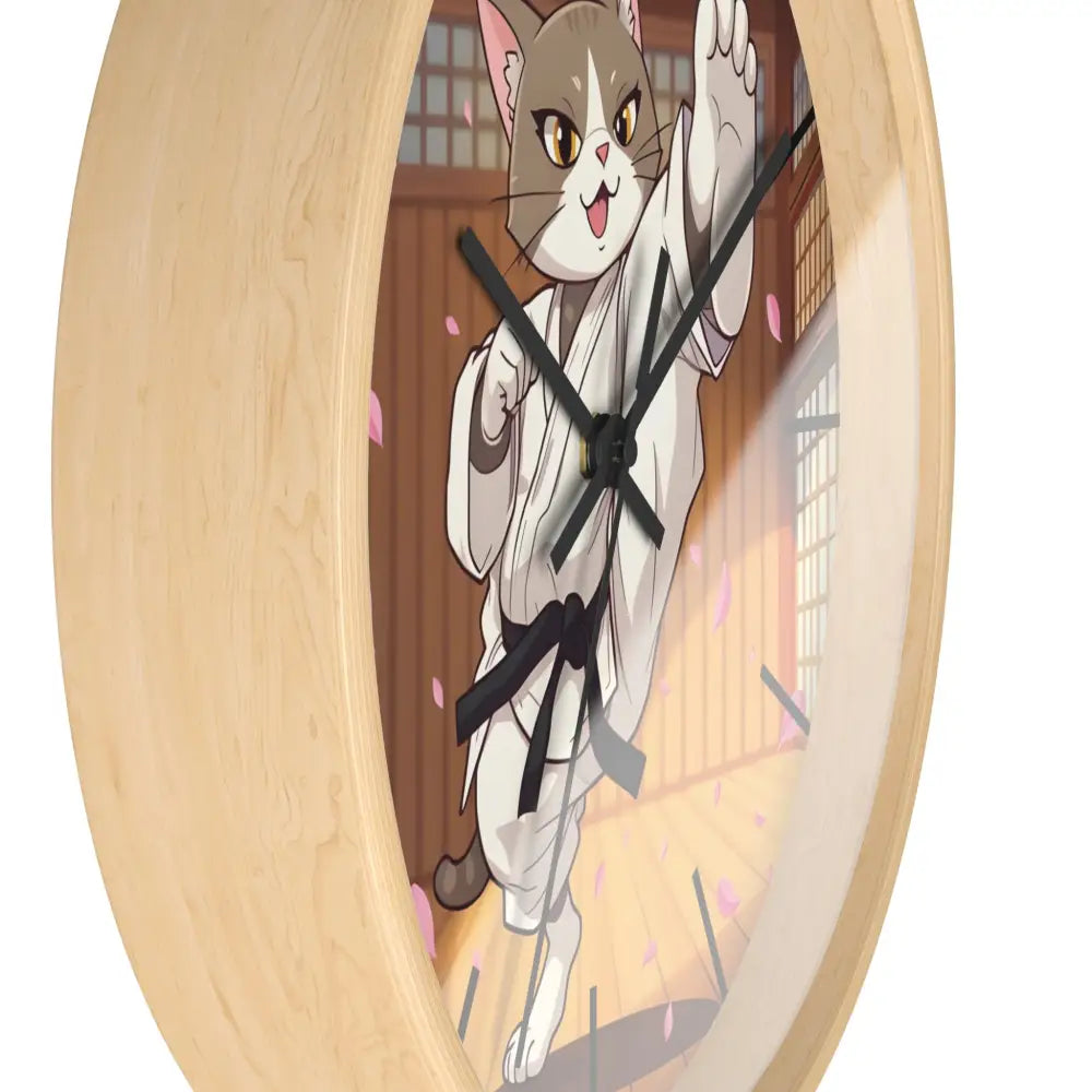 Wooden-framed Karate Cat wall clock with anime style design by PixiOnyx Whiskered Warrior