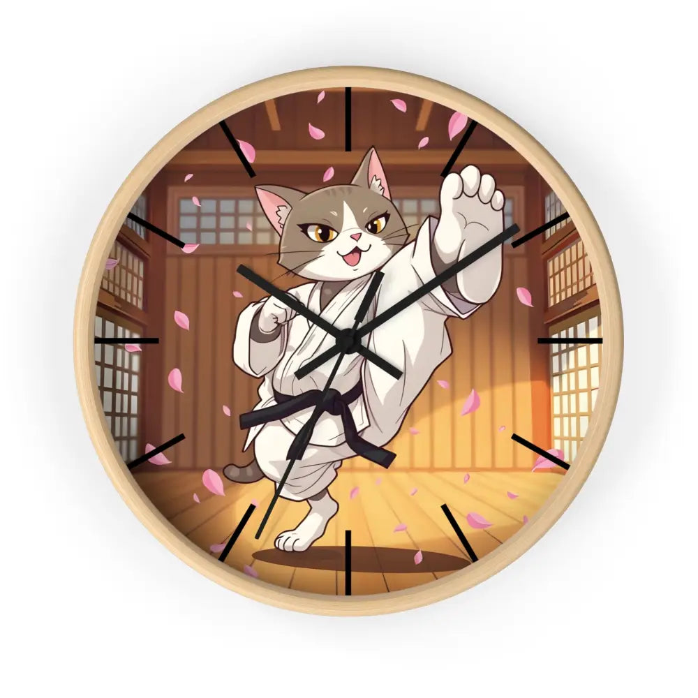 Cartoon cat karate wall clock with anime style design from PixiOnyx Whiskered Warrior