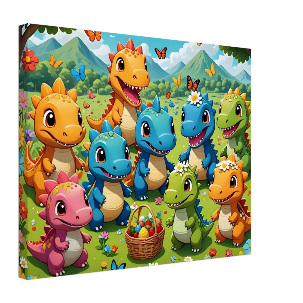 Colorful cartoon dinosaurs with Easter basket on Kawaii Dinos Canvas Jurassic Joy Bloom