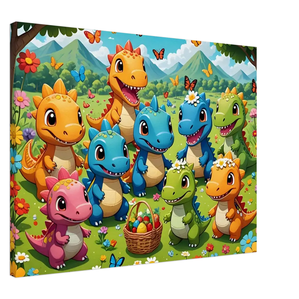 Colorful Cartoon Dinosaur Group with Easter Basket on Kawaii Dinos Canvas Jurassic Joy Bloom