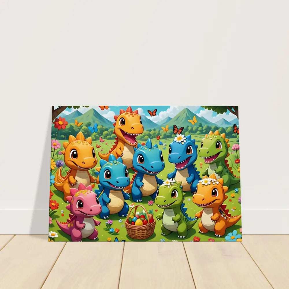 Cartoon dinosaur Easter scene on Kawaii Dinos Canvas Jurassic Joy Bloom by PixiOnyx