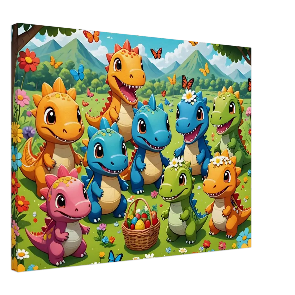 Cartoon dinosaurs with Easter basket on Kawaii Dinos Canvas Jurassic Joy Bloom Print