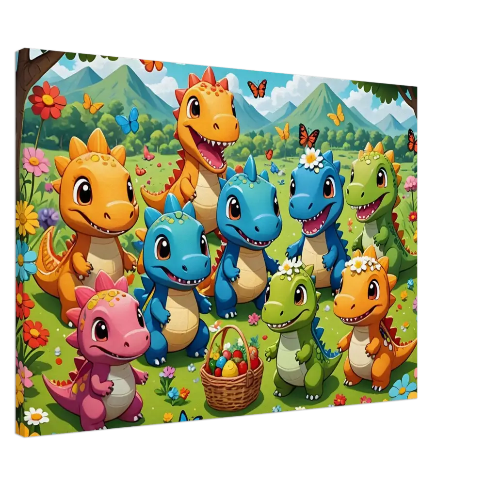 Colorful cartoon dinosaurs with Easter basket on Kawaii Dinos Canvas Jurassic Joy Bloom