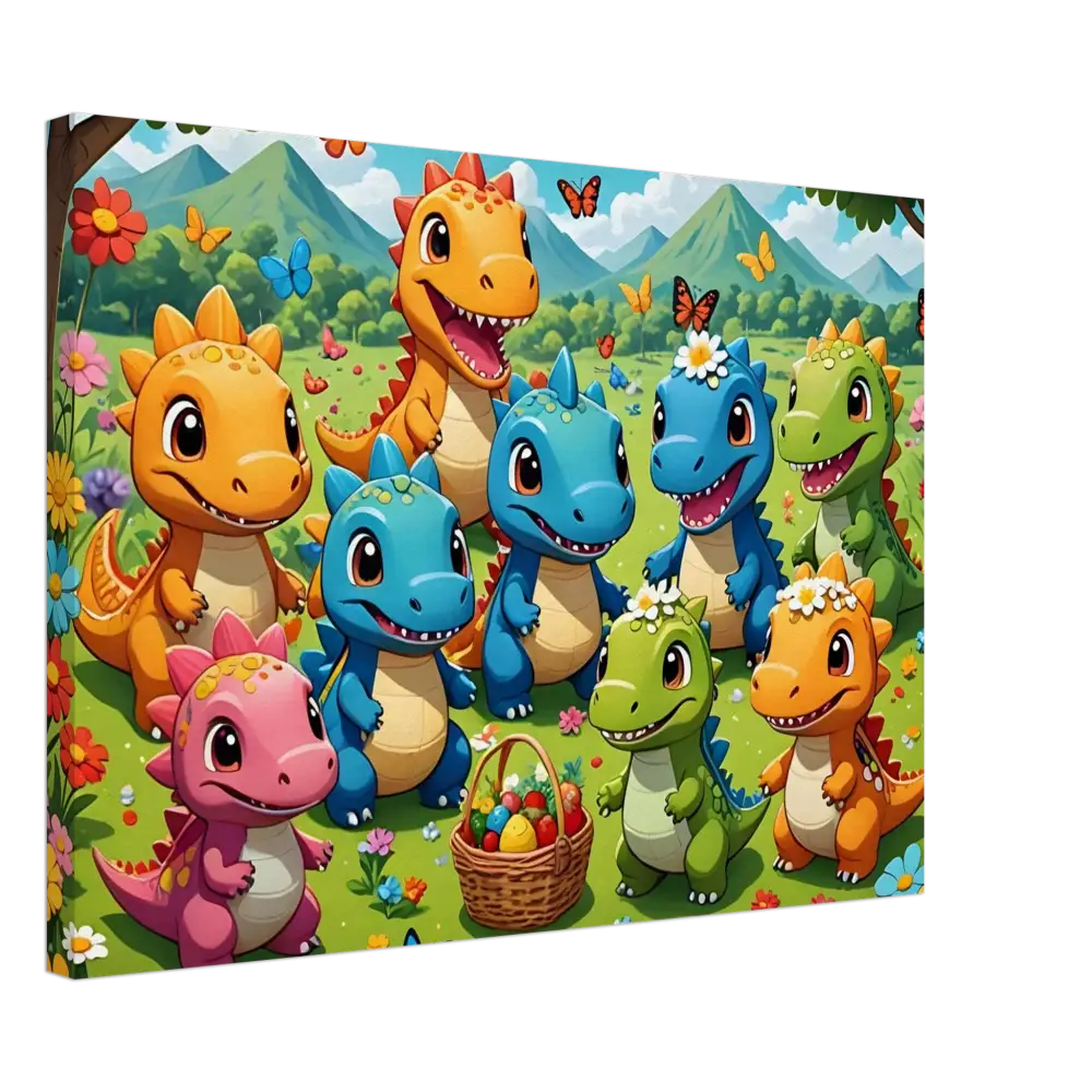 Kawaii Dinos Canvas Jurassic Joy Bloom with cartoon dinosaurs and Easter basket