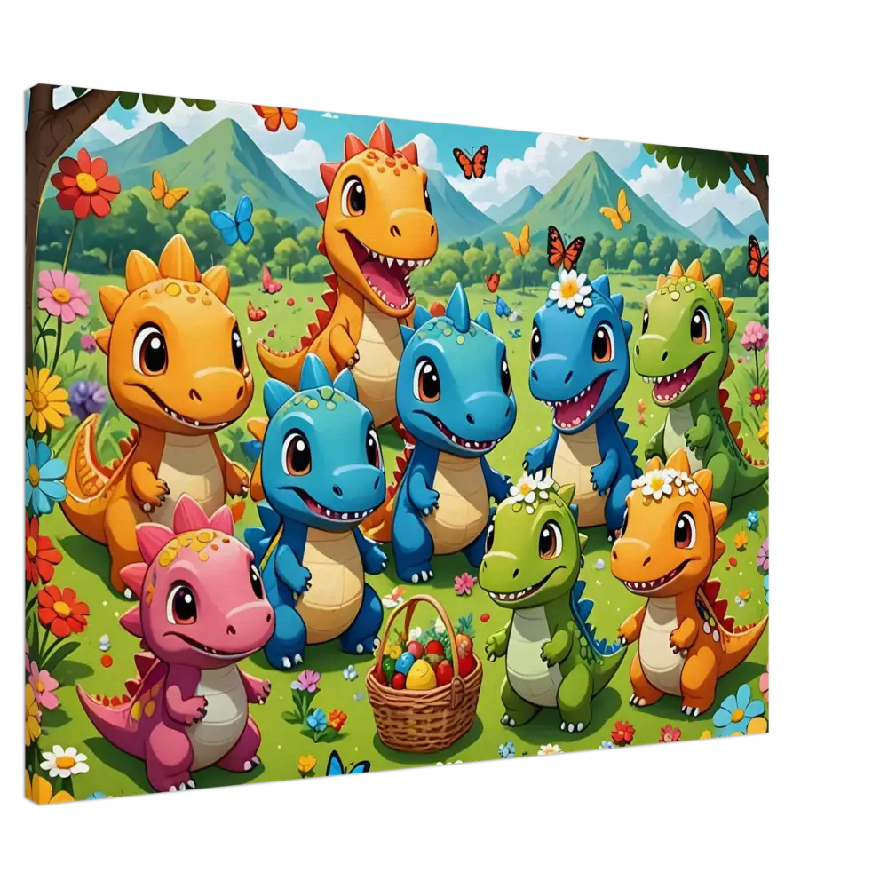 Colorful cartoon dinosaur group with Easter basket on Kawaii Dinos Canvas Jurassic Joy Bloom