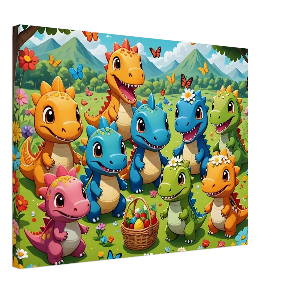 Colorful cartoon dinosaurs with Easter basket on Kawaii Dinos Canvas Jurassic Joy Bloom