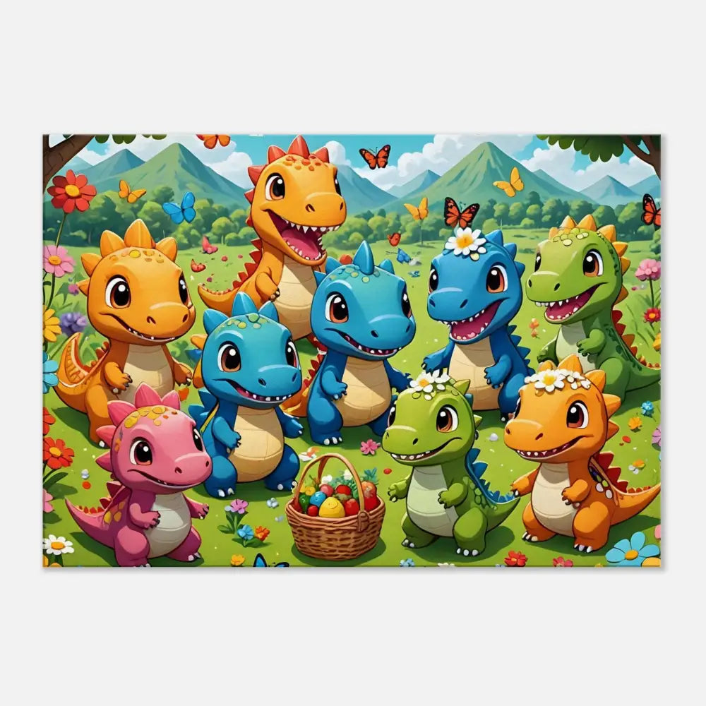 Cartoon dinosaurs with Easter basket on Kawaii Dinos Canvas Jurassic Joy Bloom