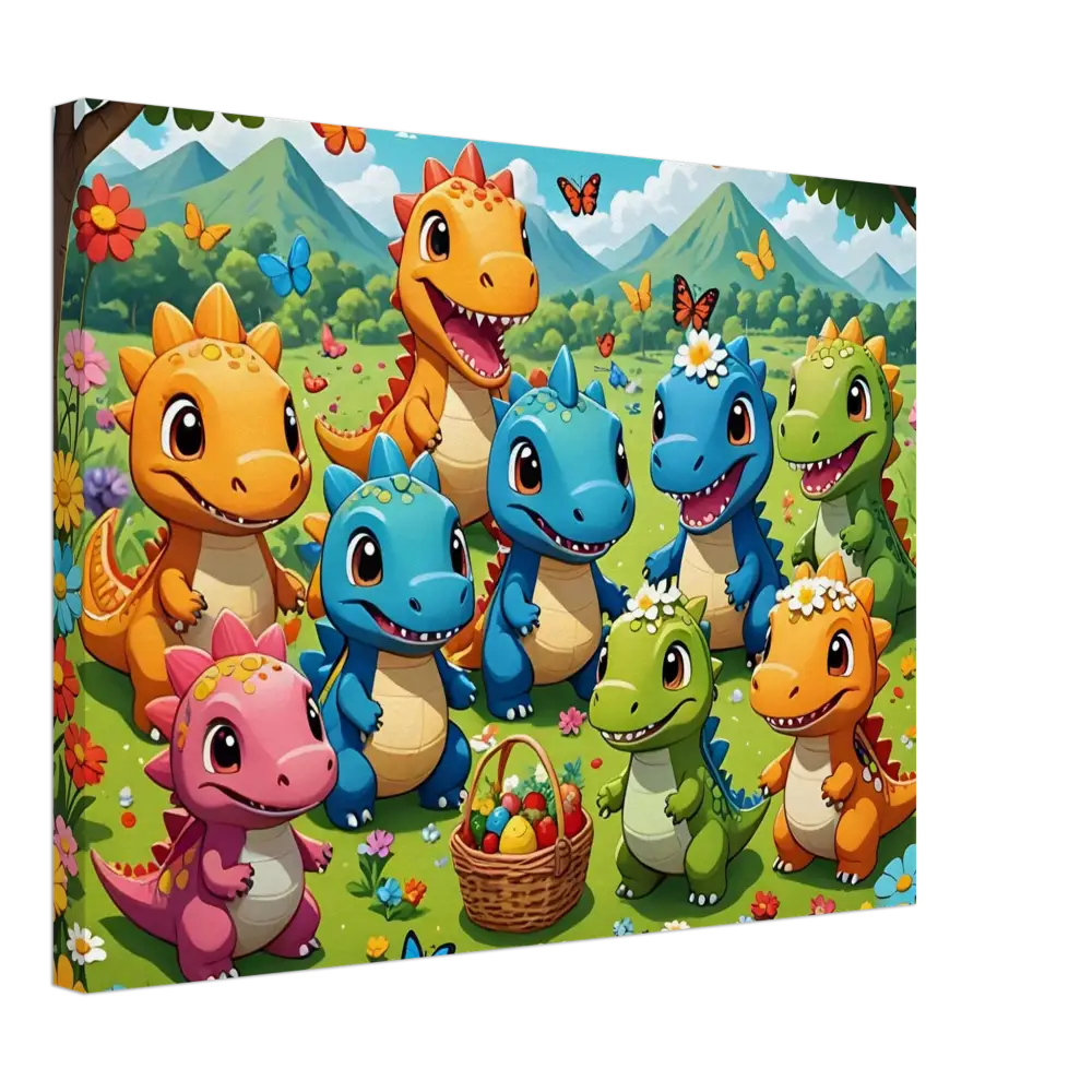 Cartoon dinosaurs with Easter basket on Kawaii Dinos Canvas Jurassic Joy Bloom