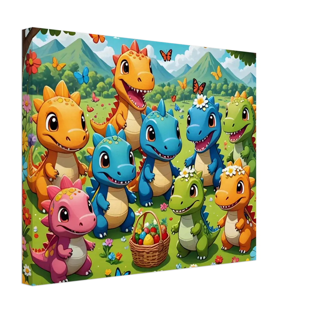Colorful cartoon dinosaur Easter scene on Kawaii Dinos Canvas Jurassic Joy Bloom
