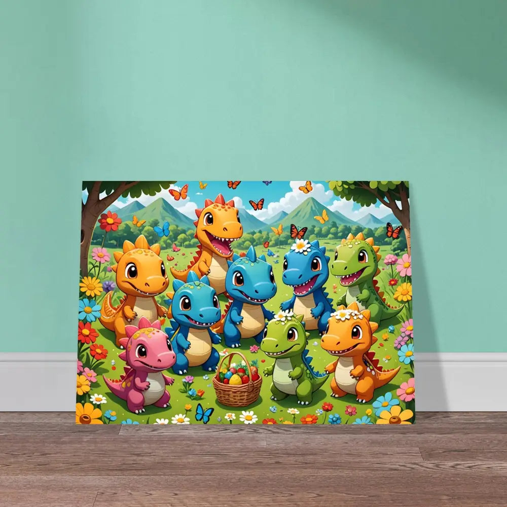 Cartoon dinosaur Easter gathering printable art for Kawaii Dinos Poster Jurassic Joy Bloom