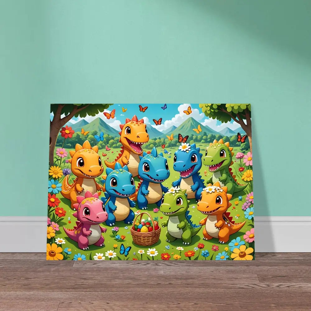 Cartoon dinosaur Easter scene on Kawaii Dinos Poster Jurassic Joy Bloom PixiOnyx Fine Art Print