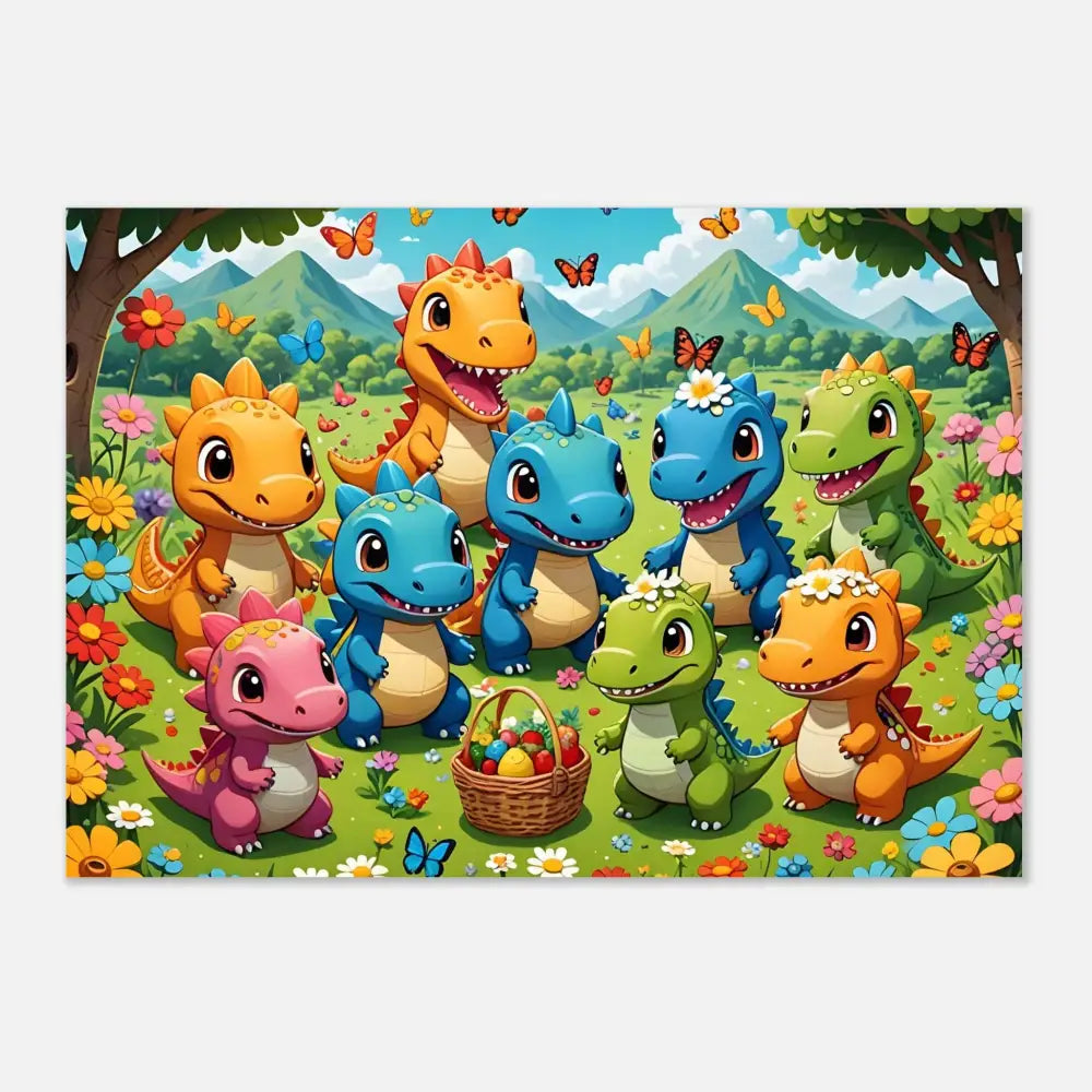 Cartoon dinosaurs with Easter basket on Kawaii Dinos Poster Jurassic Joy Bloom PixiOnyx Fine Art Print
