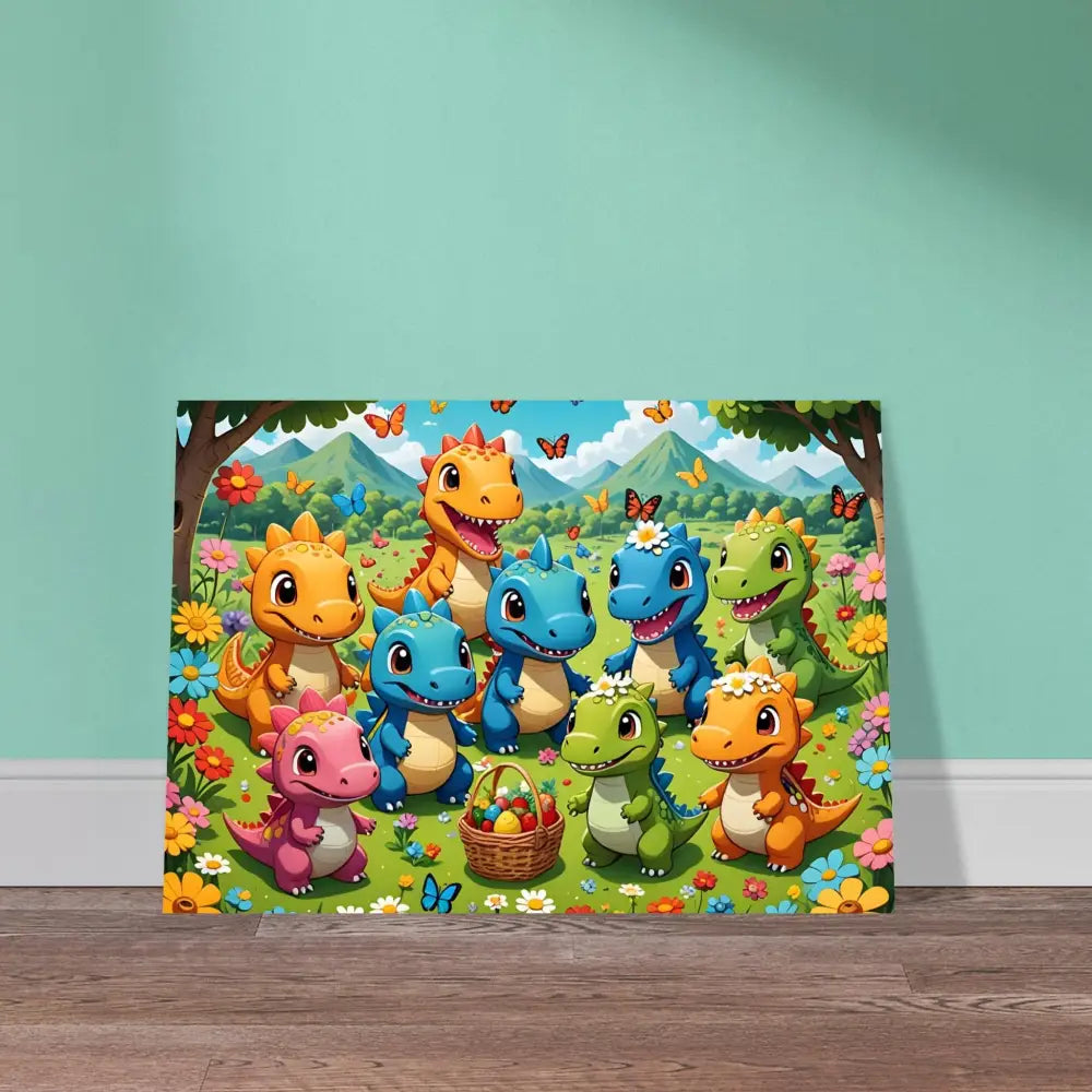 Cartoon dinosaur Easter scene on Kawaii Dinos Poster Jurassic Joy Bloom PixiOnyx Fine Art Print