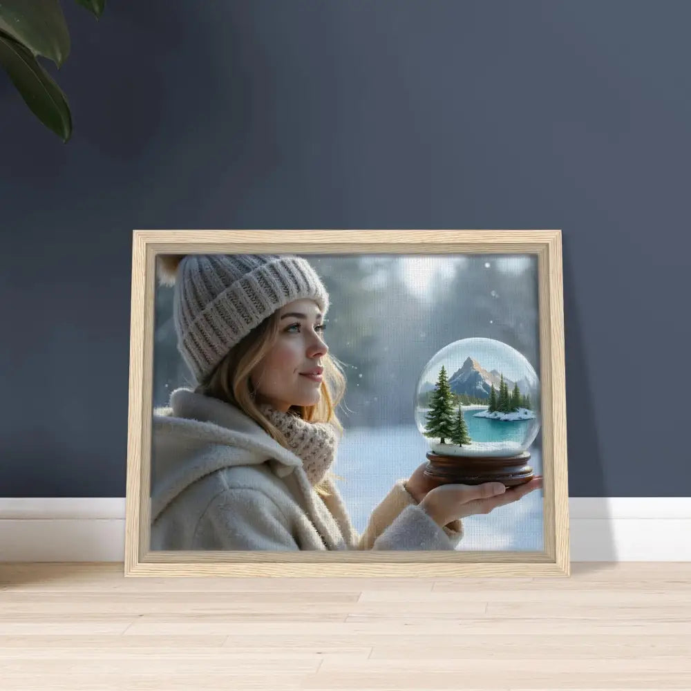 Framed winter scene with woman and snow globe showcasing PixiOnyx Premium Wall Art