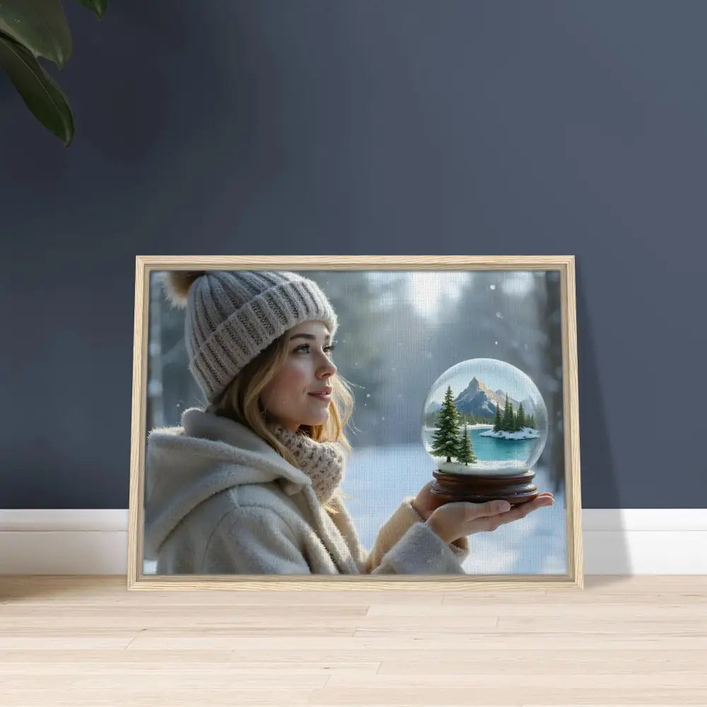 Framed winter scene with woman and snow globe in PixiOnyx premium wall art