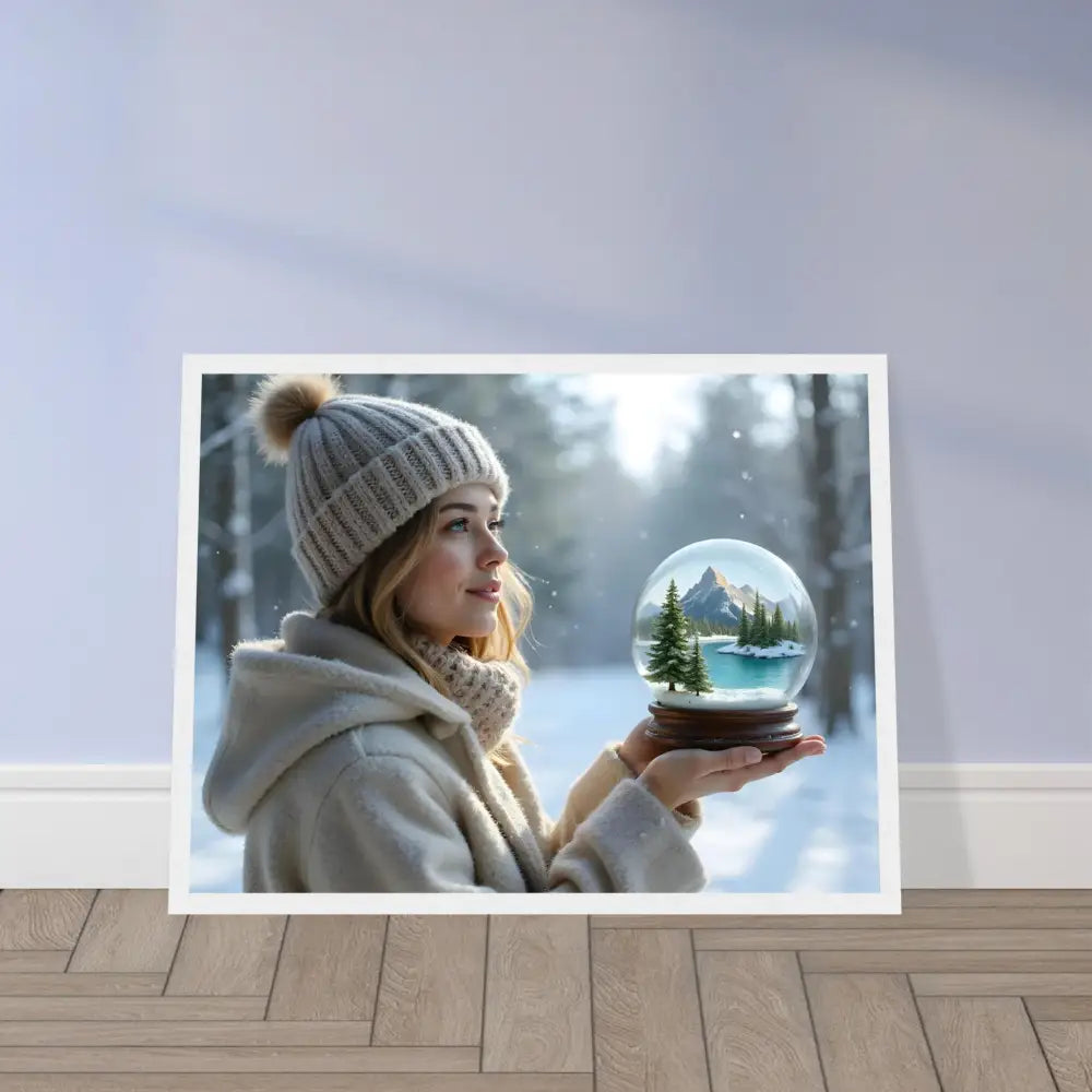 Framed winter scene print titled Kept in Glass – Framed Winter Girl Art on PixiOnyx Matte Print