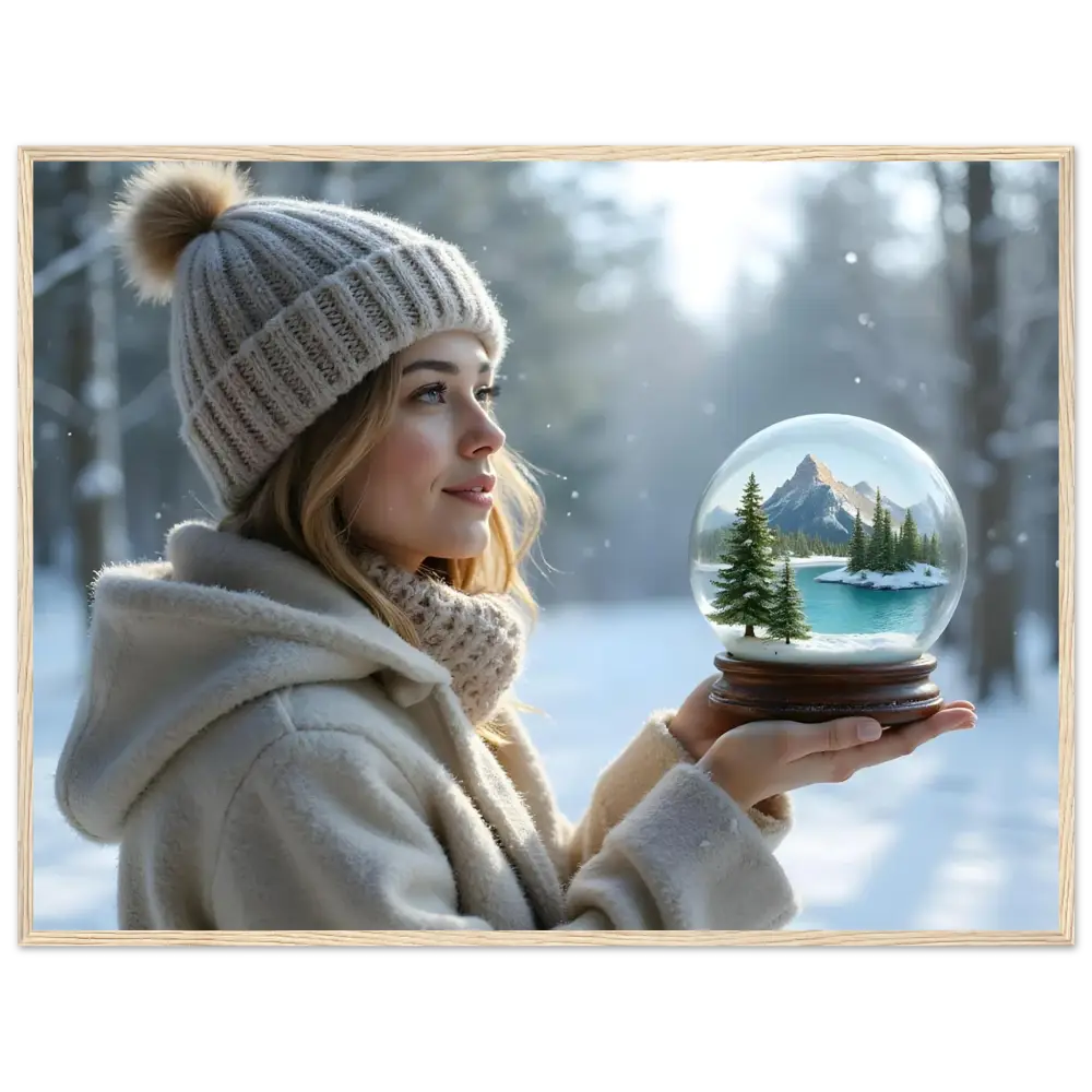 Framed winter scene with snow globe art displayed in Kept in Glass PixiOnyx Matte Print