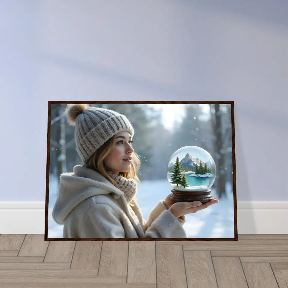 Framed winter scene print titled Kept in Glass – Framed Winter Girl Art by PixiOnyx