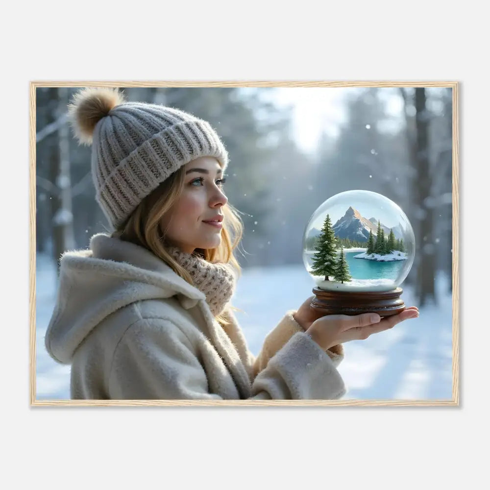 Framed winter scene with woman holding snow globe for Kept in Glass PixiOnyx Matte Print