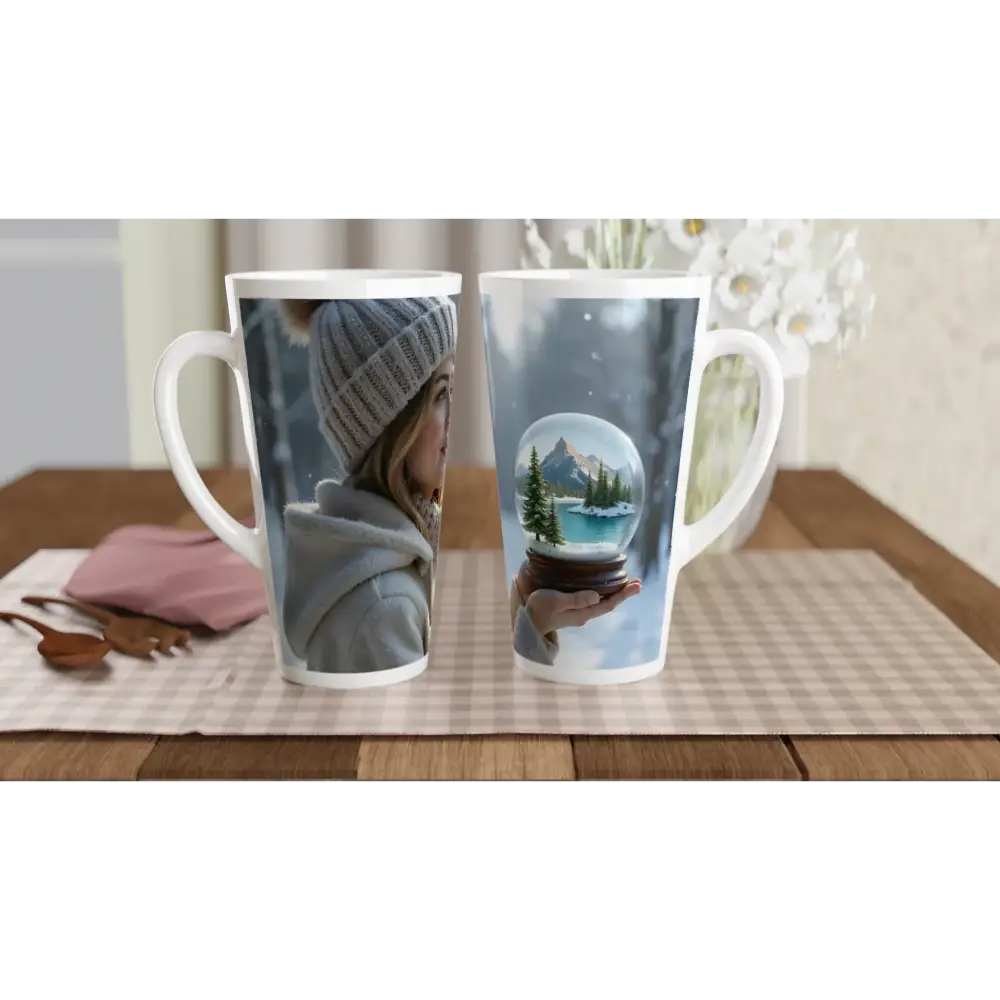 Printed latte mugs displayed in Kept in Glass Latte Mug Cinematic Winter Sips PixiOnyx