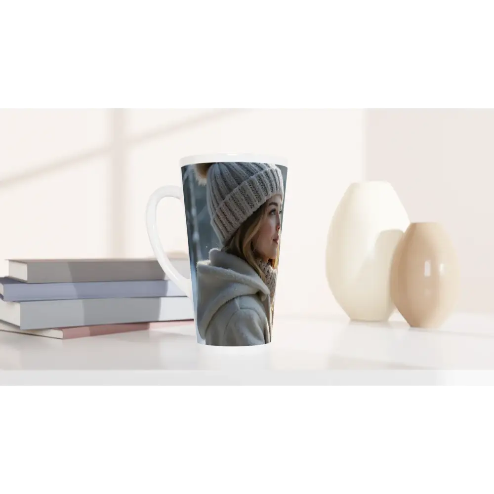 Tall ceramic latte mug featuring woman’s artistic image, perfect for winter sips