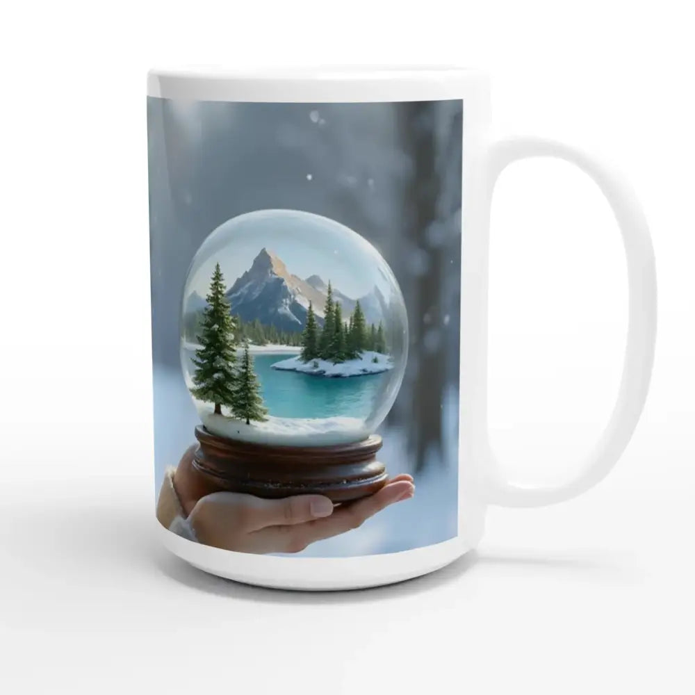 White ceramic mug with snow globe design from PixiOnyx Snowglobe Serenity collection