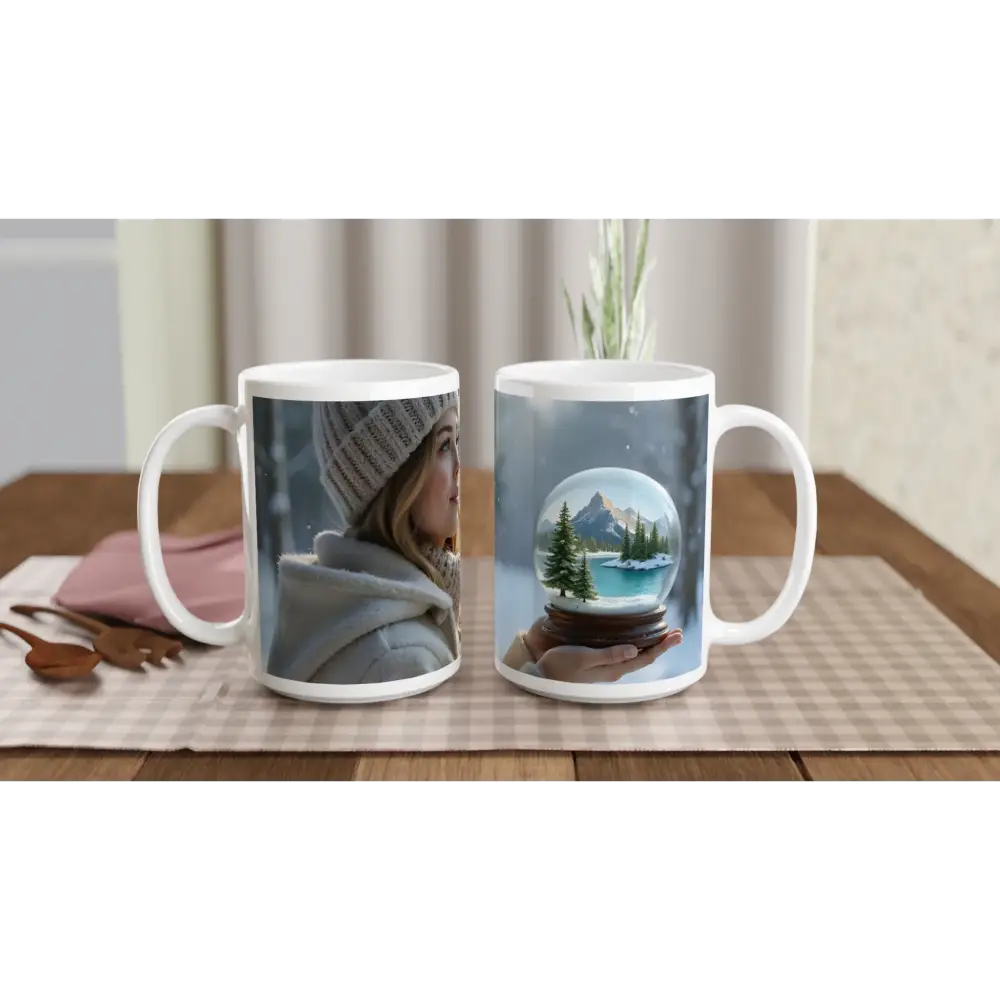 Winter-themed mugs featuring snowflake designs in the PixiOnyx Snowglobe Serenity Ceramic Mug