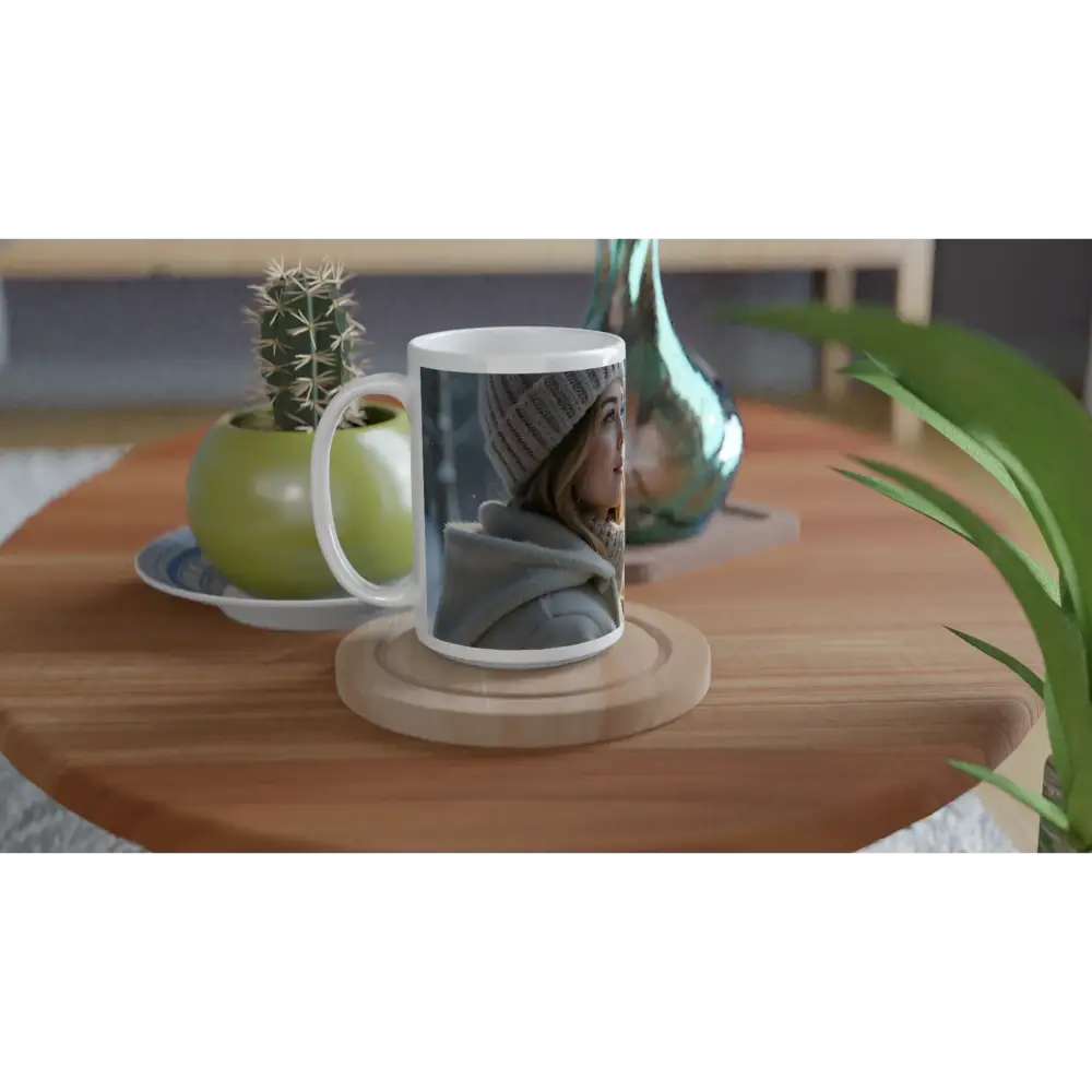 White ceramic mug featuring a woman’s image from PixiOnyx Snowglobe Serenity collection