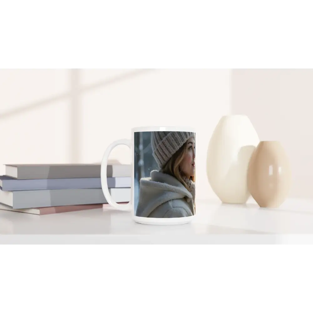 White ceramic mug featuring an image of a woman from PixiOnyx Snowglobe Serenity in a Sip collection
