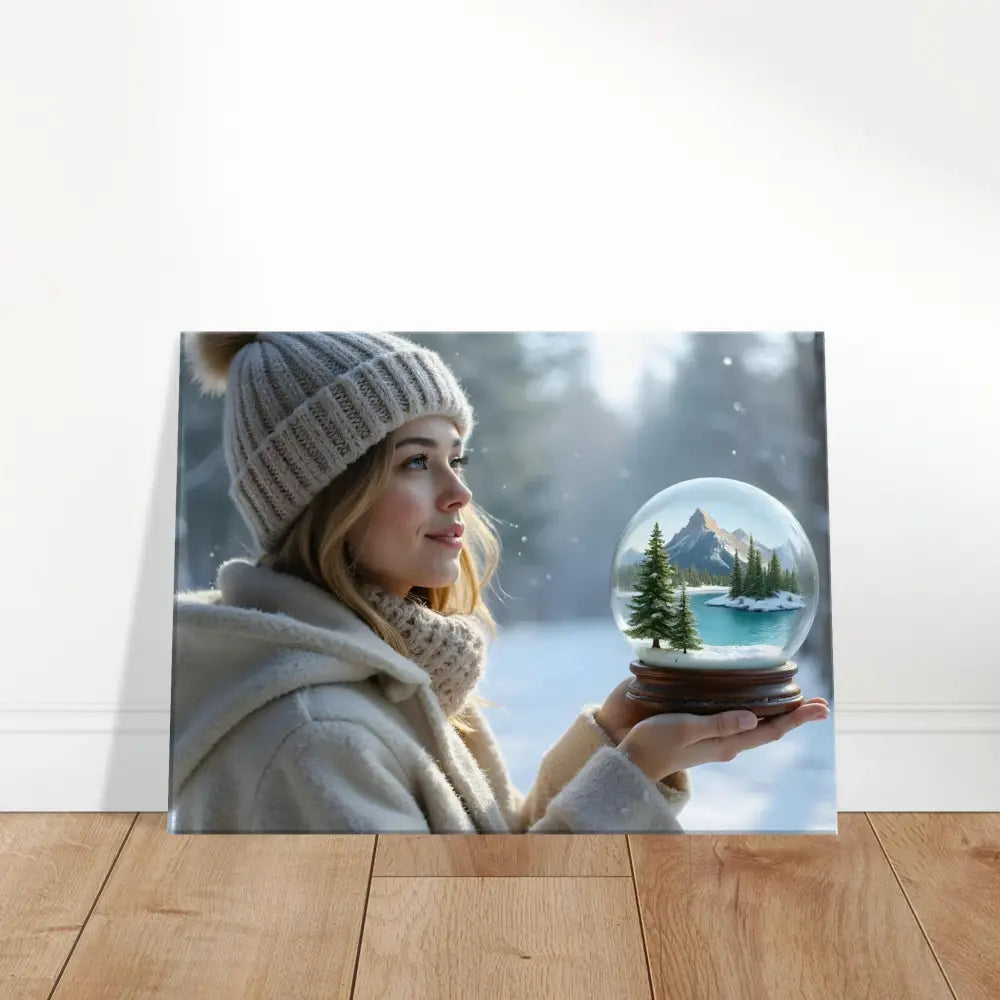 Canvas print of a woman holding a snow globe from Kept in Glass Winter Girl Wall Art