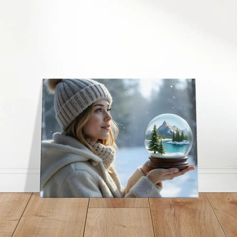 Winter scene canvas print featuring a girl in a glass display for surreal wall art