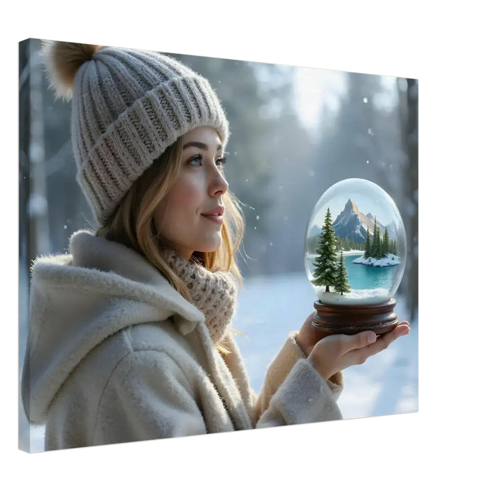Winter scene snow globe displayed in Kept in Glass Winter Girl Canvas Print PixiOnyx