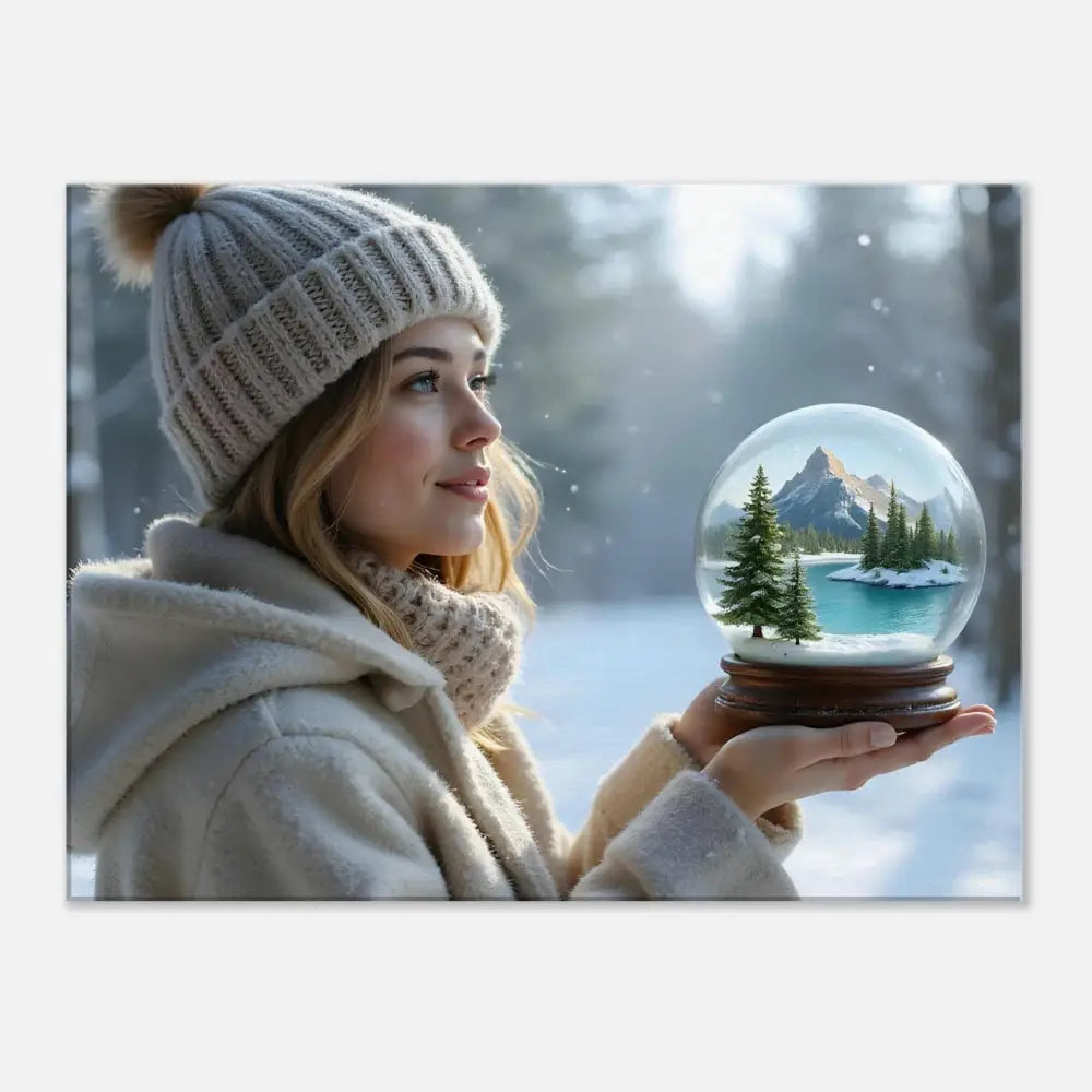 Woman holding snow globe in front of Winter Girl Canvas Print by PixiOnyx Surreal Wall Art