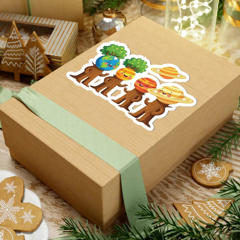 Gift box with planet stickers from Cosmic Tree Friends series by PixiOnyx Planetfolk