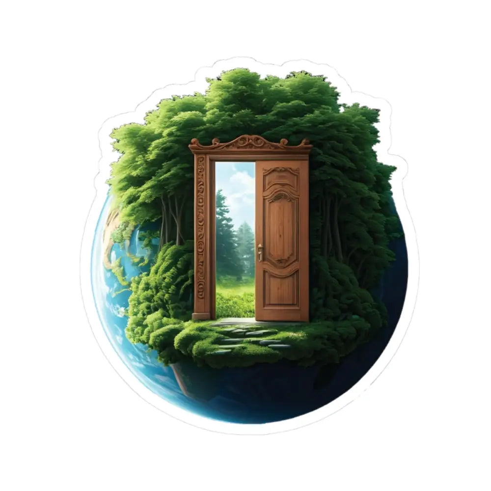 Wooden door to a forest on a planet from the Kiss-Cut Sticker Door to Earth PixiOnyx series