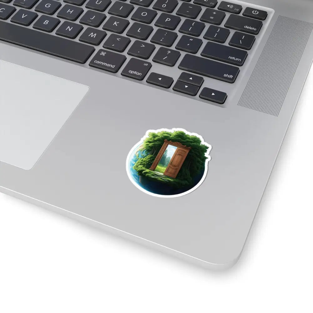 Round sticker featuring a door to nature from PixiOnyx Surreal Gateway Series