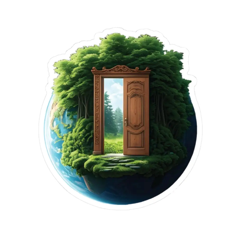 Ornate wooden door on a lush green planet from the Kiss-Cut Sticker Door to Earth series