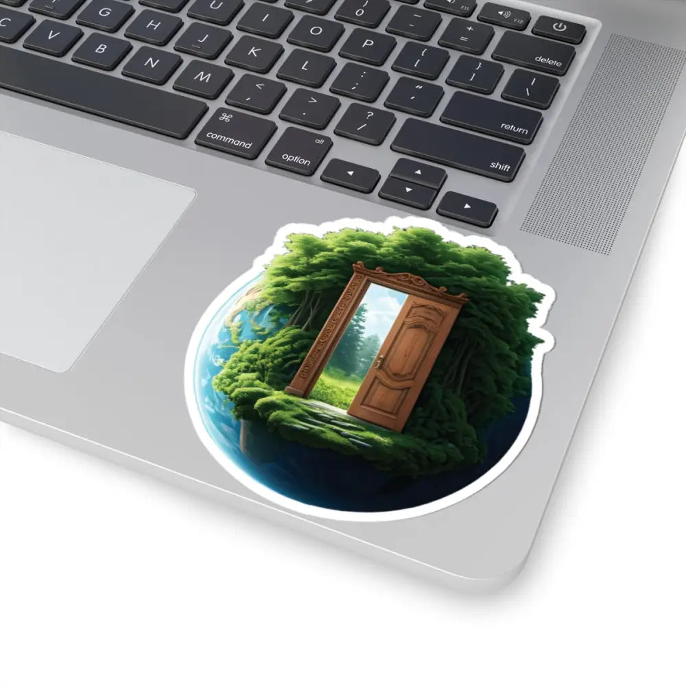 Sticker of a door opening onto a forest landscape on a small planet from PixiOnyx Surreal Gateway Series
